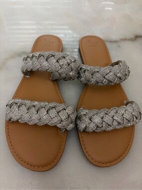 a new day Braided Double-Strap Slide Sandals in Silver and Tan